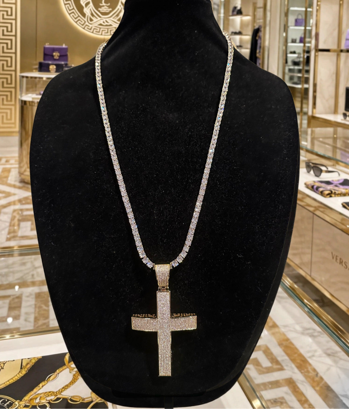 XXL Cross PENDANT 5mm Tennis Chain 120.8ct Lab Sim VVS1 Diamond Necklace - Gold