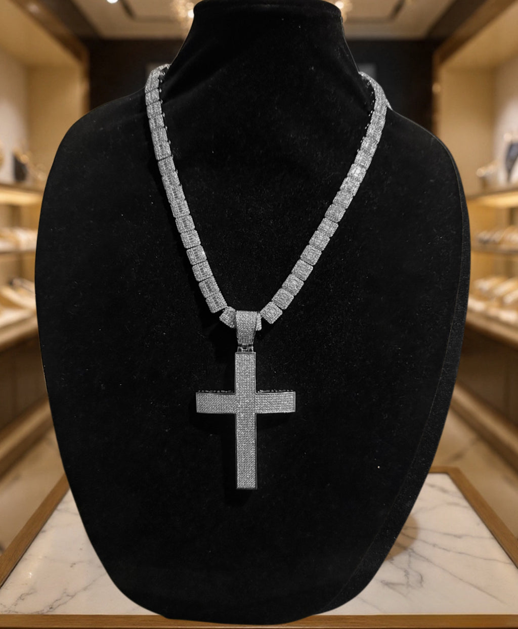 XL Cross Pendant 10mm Baguette Square Cushion-Cut Tennis Chain 144.6ct Lab Sim VVS1 Diamond Necklace