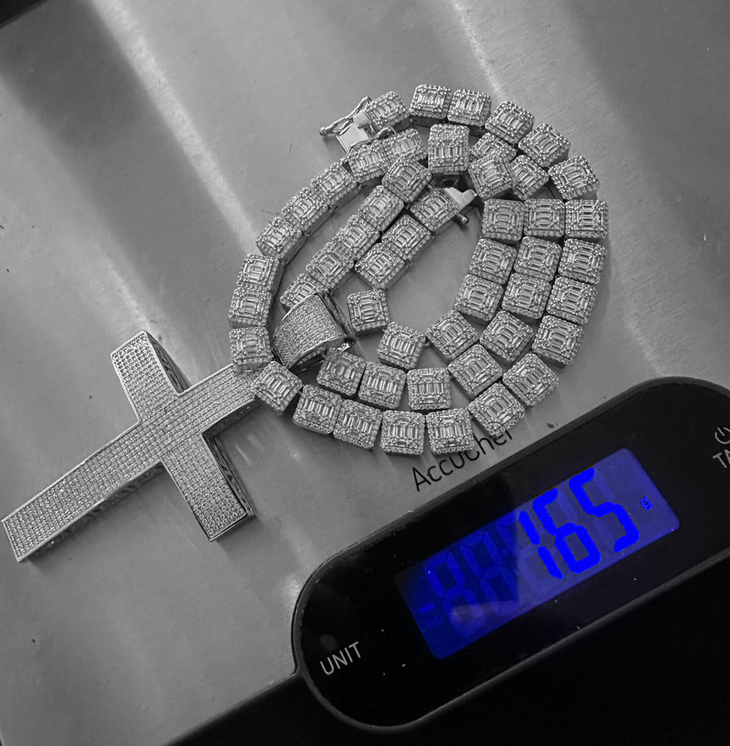 XL Cross Pendant 10mm Baguette Square Cushion-Cut Tennis Chain 144.6ct Lab Sim VVS1 Diamond Necklace