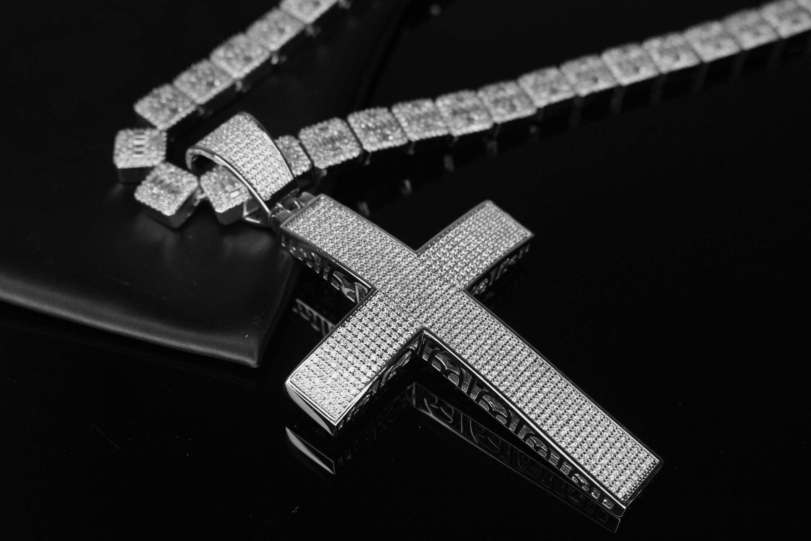 XL Cross Pendant 10mm Baguette Square Cushion-Cut Tennis Chain 144.6ct Lab Sim VVS1 Diamond Necklace