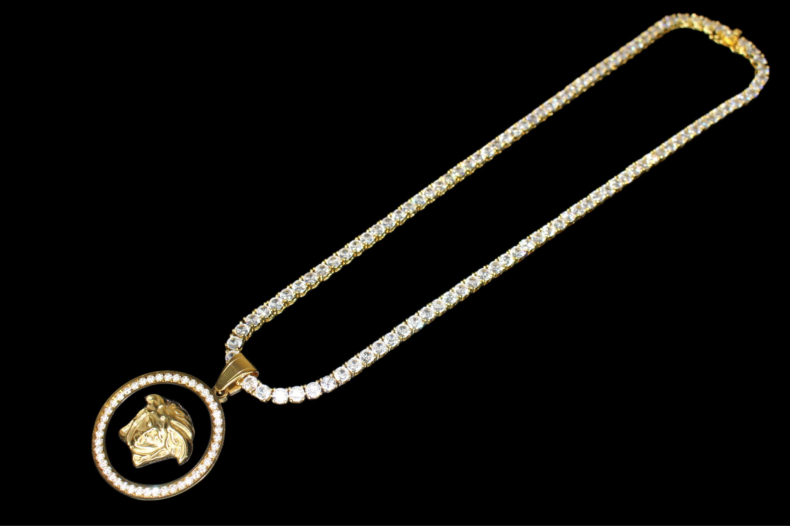 MEDUSA Versace Medallion Pendant 74ct Lab Sim VVS1 Diamond Tennis Necklace Set Gold