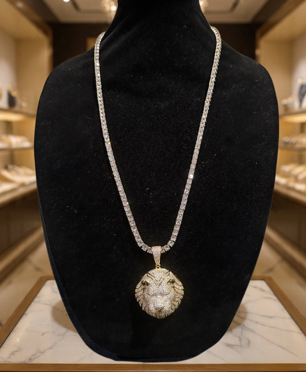 XL Lion Head Pendant 5mm Tennis 112.6ct Lab Sim VVS1 Diamond Necklace GOLD