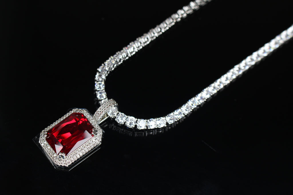 4mm Ruby Red Tennis Chain Necklace 75ct Lab Sim Diamond Pendant