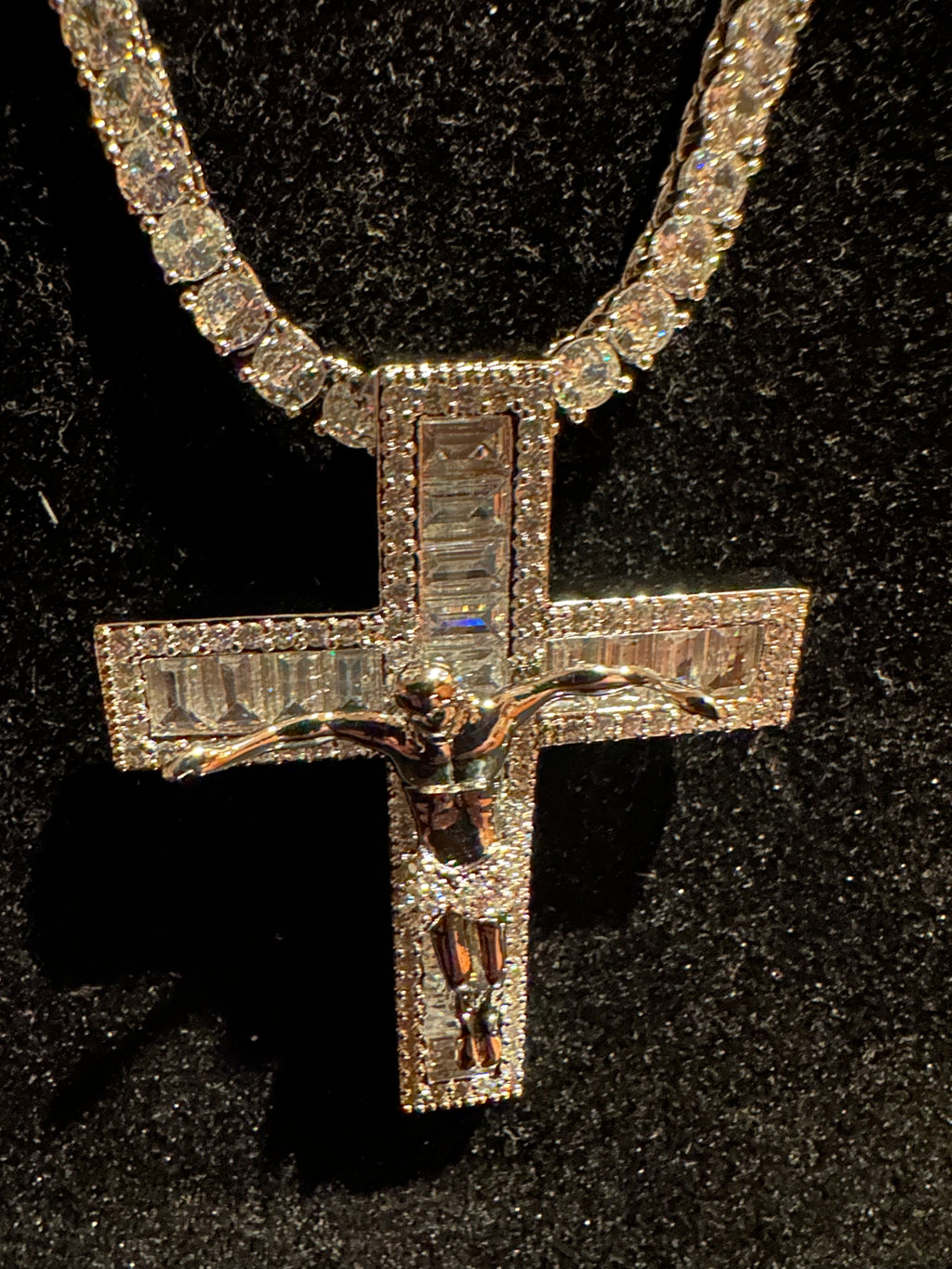 Jesus Cross BAGUETTE 86ct Lab Sim Diamond 4mm Tennis Necklace
