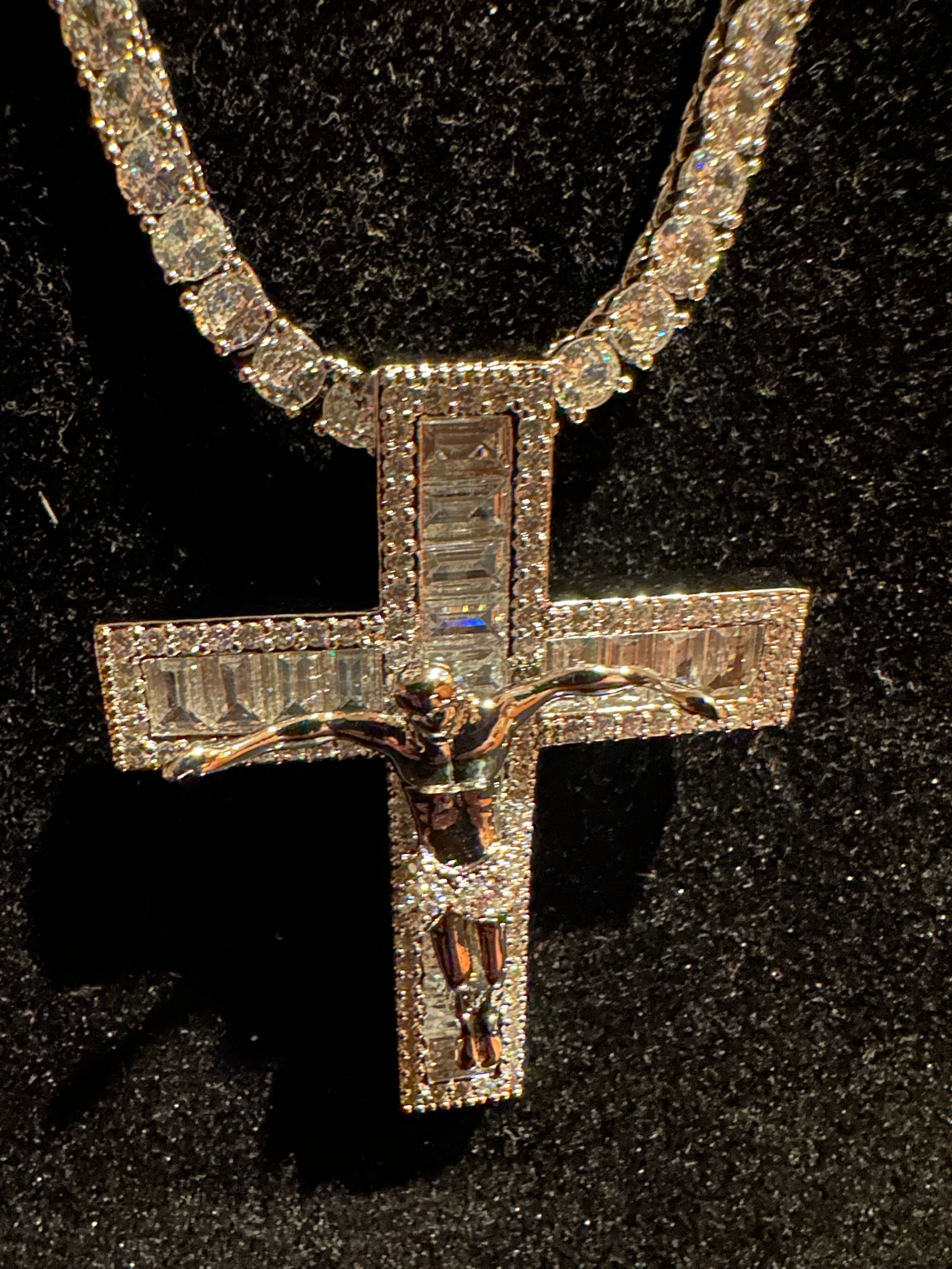 Jesus Cross BAGUETTE 86ct Lab Sim Diamond 4mm Tennis Necklace