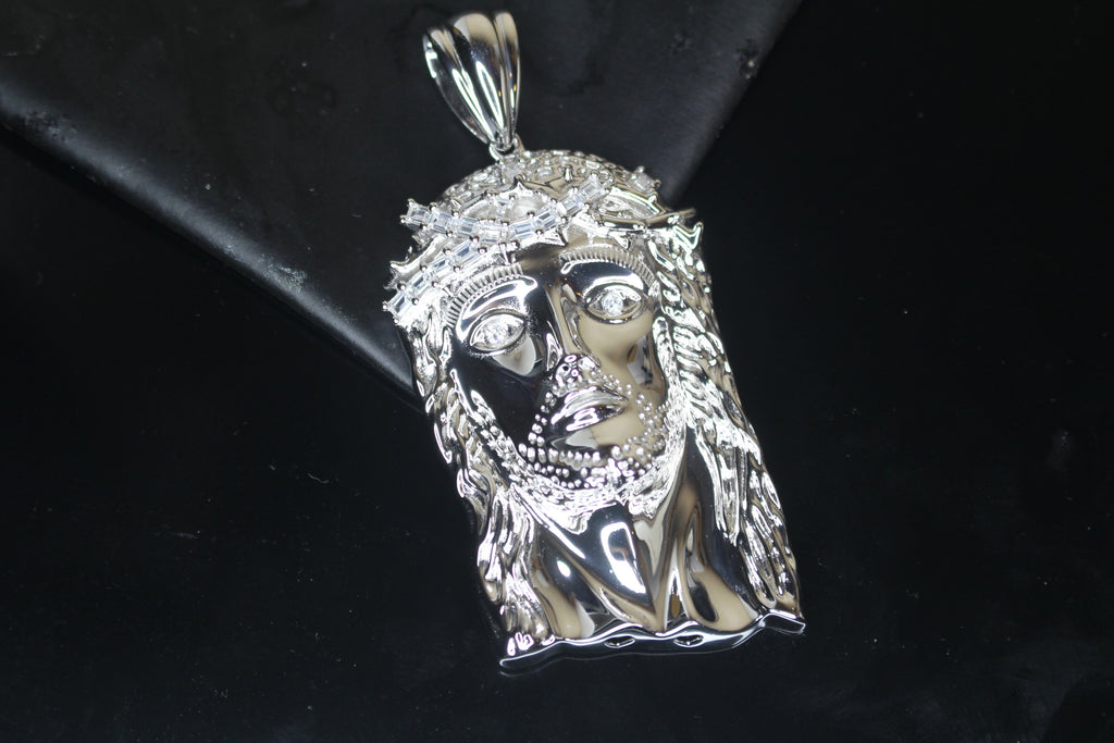 925 Sterling Silver XL JESUS Pendant 2.2ct BAGUETTE Lab Sim VVS Diamonds
