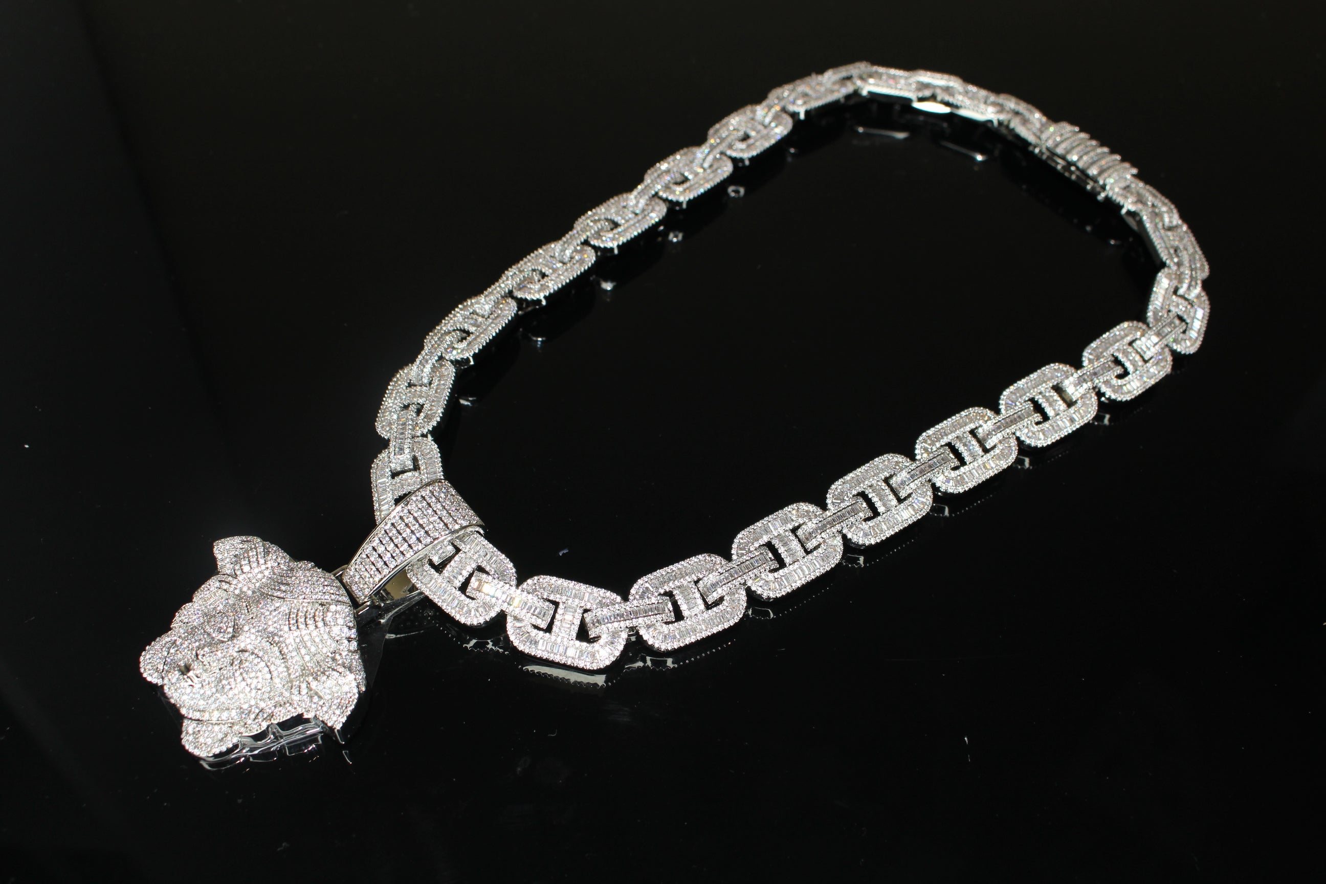 XXL MEDUSA Pendant 14mm MARINER BAGUETTE 86.7ct Lab Sim VVS1 Diamond Necklace SET