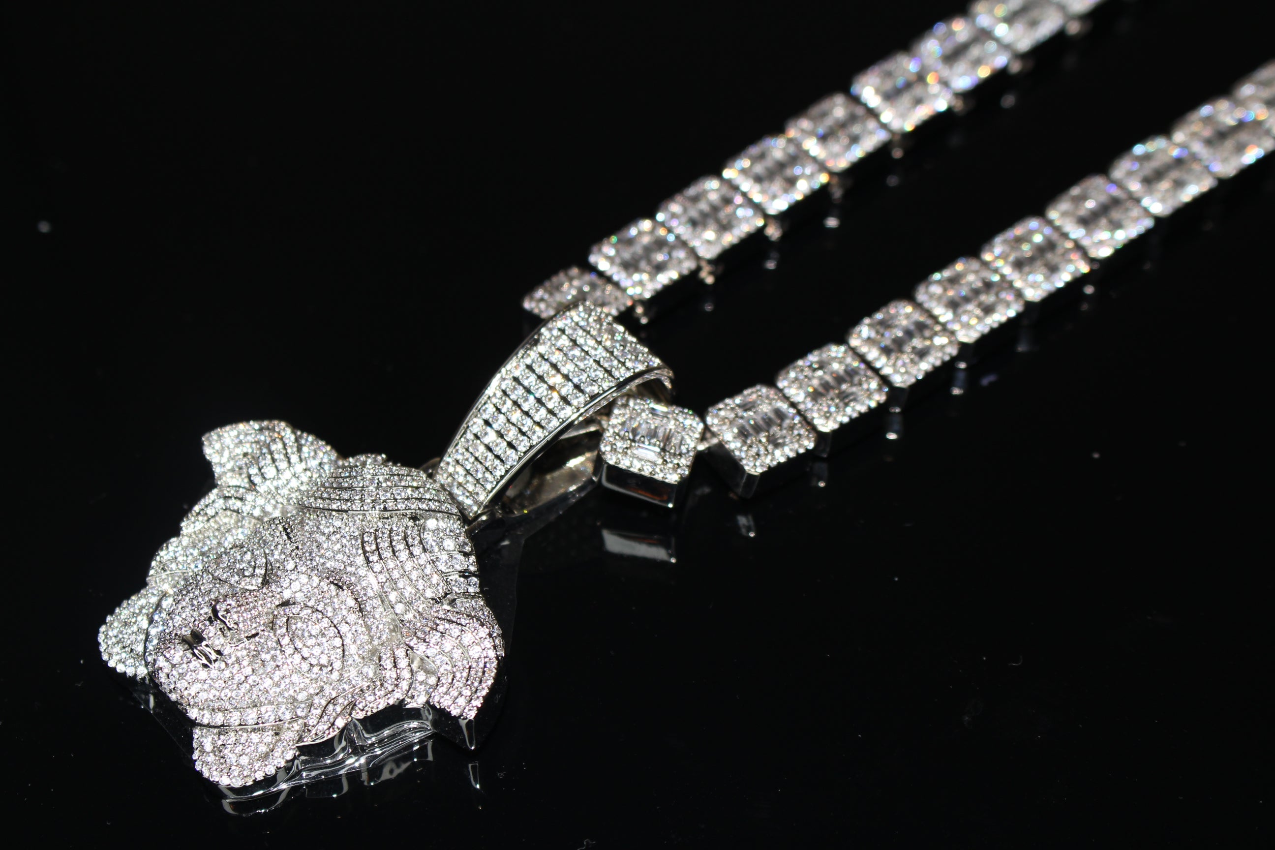 XXL MEDUSA Pendant 12mm TENNIS BAGUETTE 126.7ct Lab Sim VVS1 Diamond Necklace SET