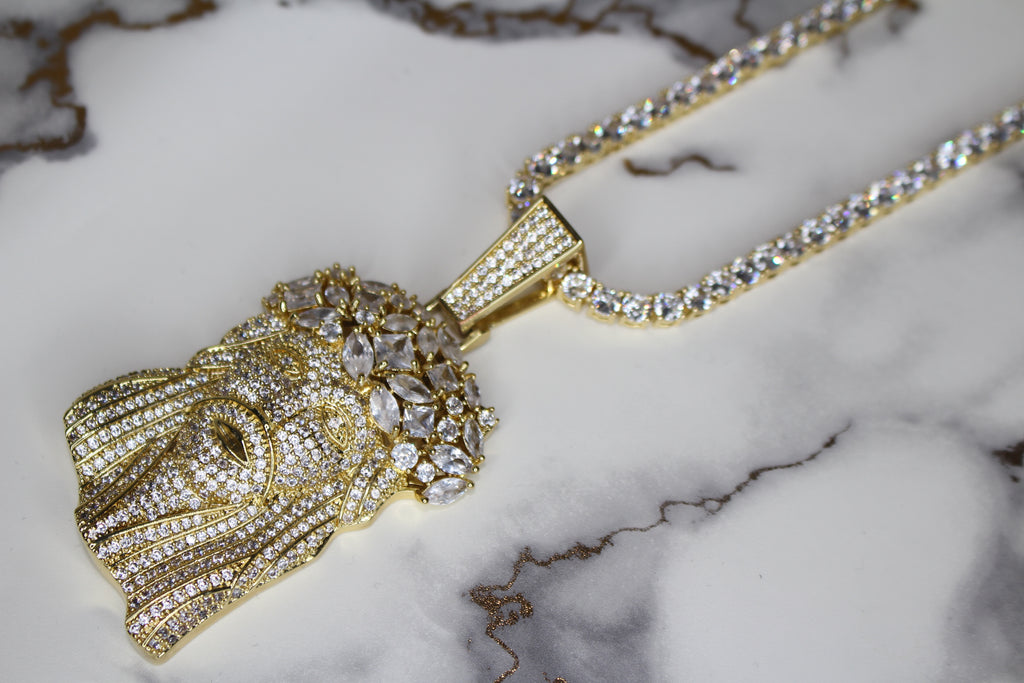 Large Jesus Pendant 79.8ct Lab Sim VVS1 Diamond Tennis Chain - Gold