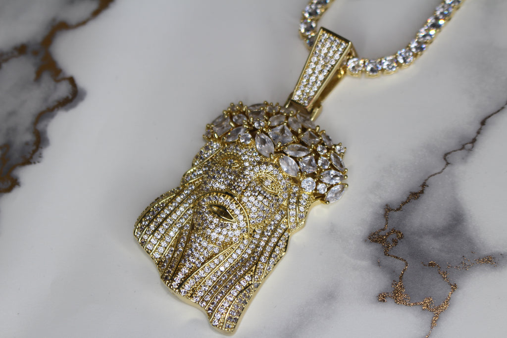 Large Jesus Pendant 79.8ct Lab Sim VVS1 Diamond Tennis Chain - Gold