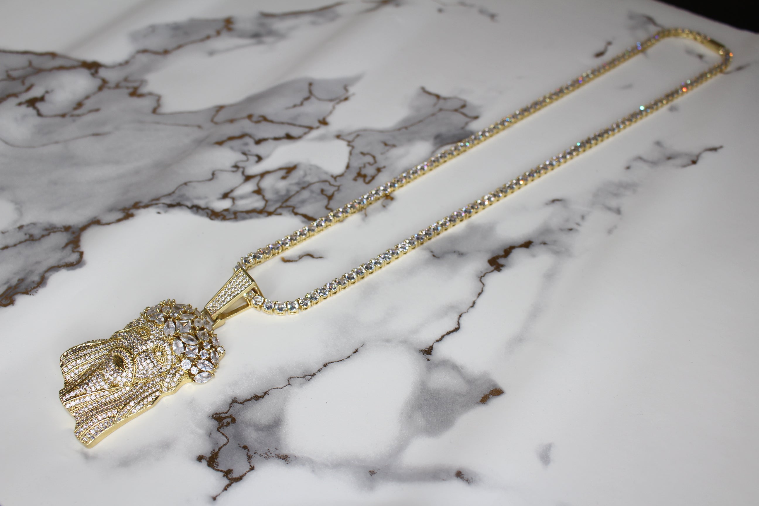 Large Jesus Pendant 79.8ct Lab Sim VVS1 Diamond Tennis Chain - Gold