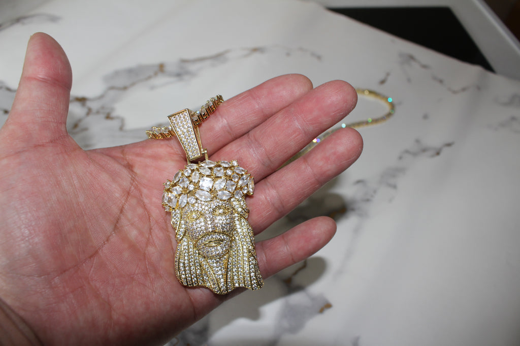 Large Jesus Pendant 79.8ct Lab Sim VVS1 Diamond Tennis Chain - Gold