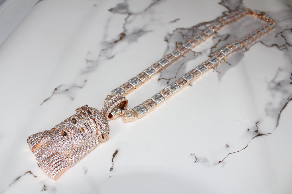 XXL Jesus Pendant 149ct Lab Sim VVS1 Diamond 12mm Tennis Baguette Necklace - Rose Gold 2-Tone