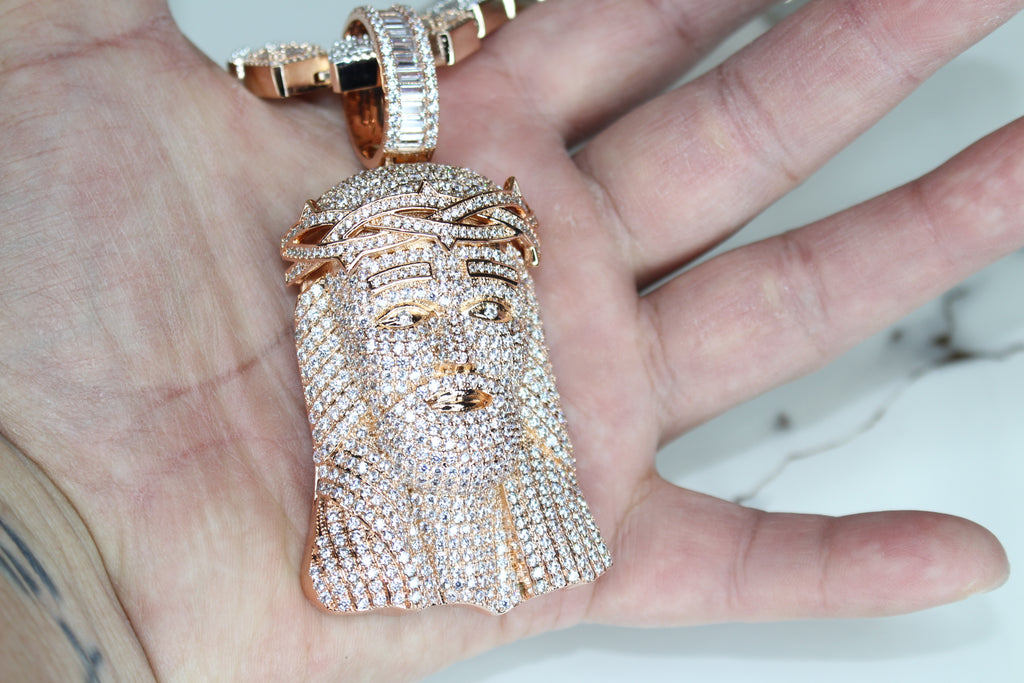 XXL Jesus Pendant 149ct Lab Sim VVS1 Diamond 12mm Tennis Baguette Necklace - Rose Gold 2-Tone