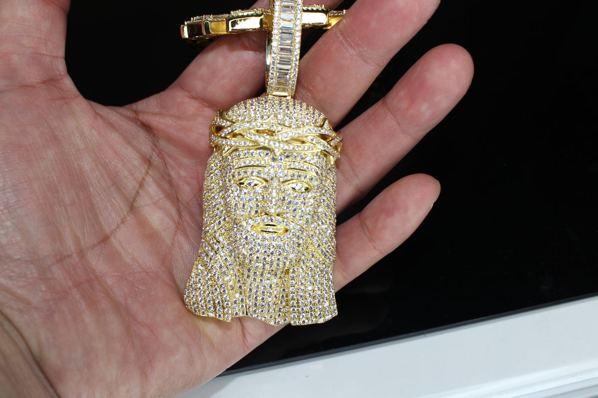 XXL Jesus Pendant 149ct Lab Sim VVS1 Diamond 12mm Tennis Baguette Necklace - Gold