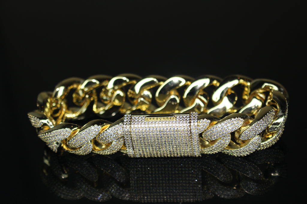20mm Cuban Miami 25.2ctw Lab Sim VVS1 Diamonds Bracelet - GOLD