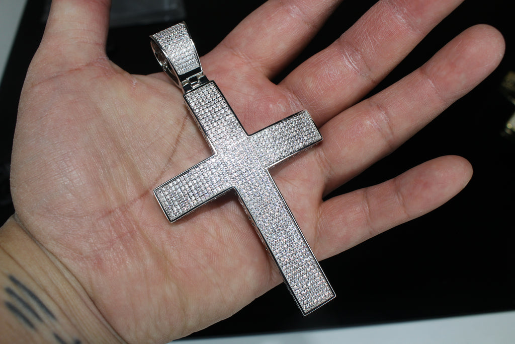 XL Cross Pendant 88.6ct Lab Sim VVS1 Diamond 14mm Cuban Prong Necklace