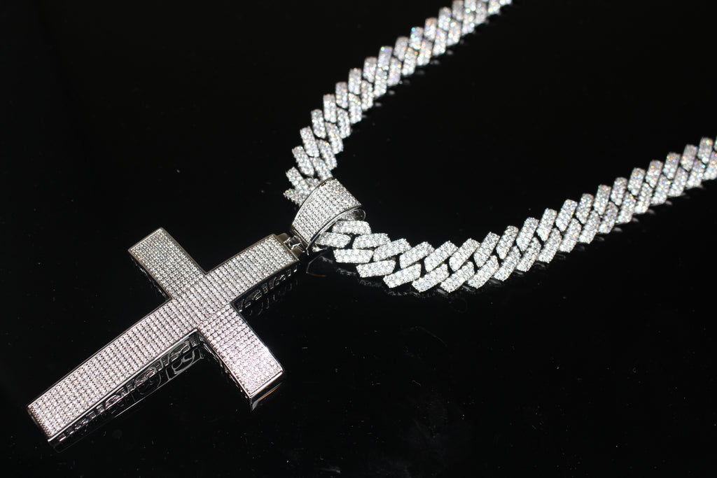 XL Cross Pendant 88.6ct Lab Sim VVS1 Diamond 14mm Cuban Prong Necklace