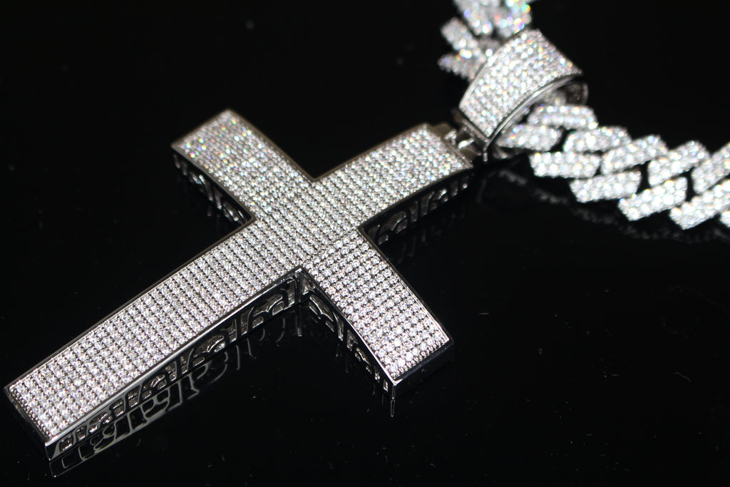 XL Cross Pendant 88.6ct Lab Sim VVS1 Diamond 14mm Cuban Prong Necklace