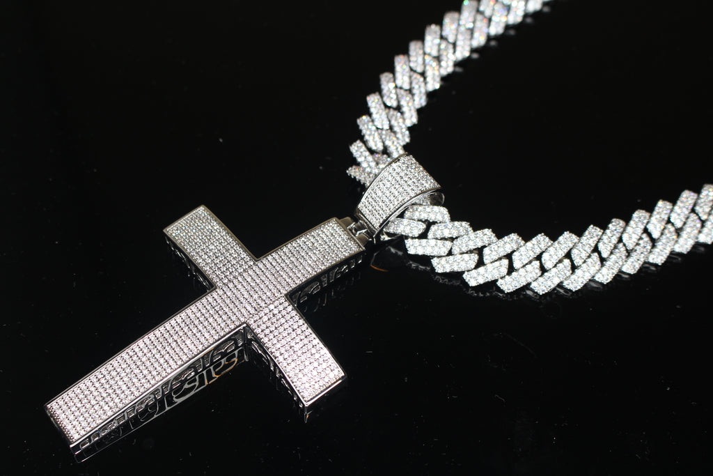 XL Cross Pendant 88.6ct Lab Sim VVS1 Diamond 14mm Cuban Prong Necklace