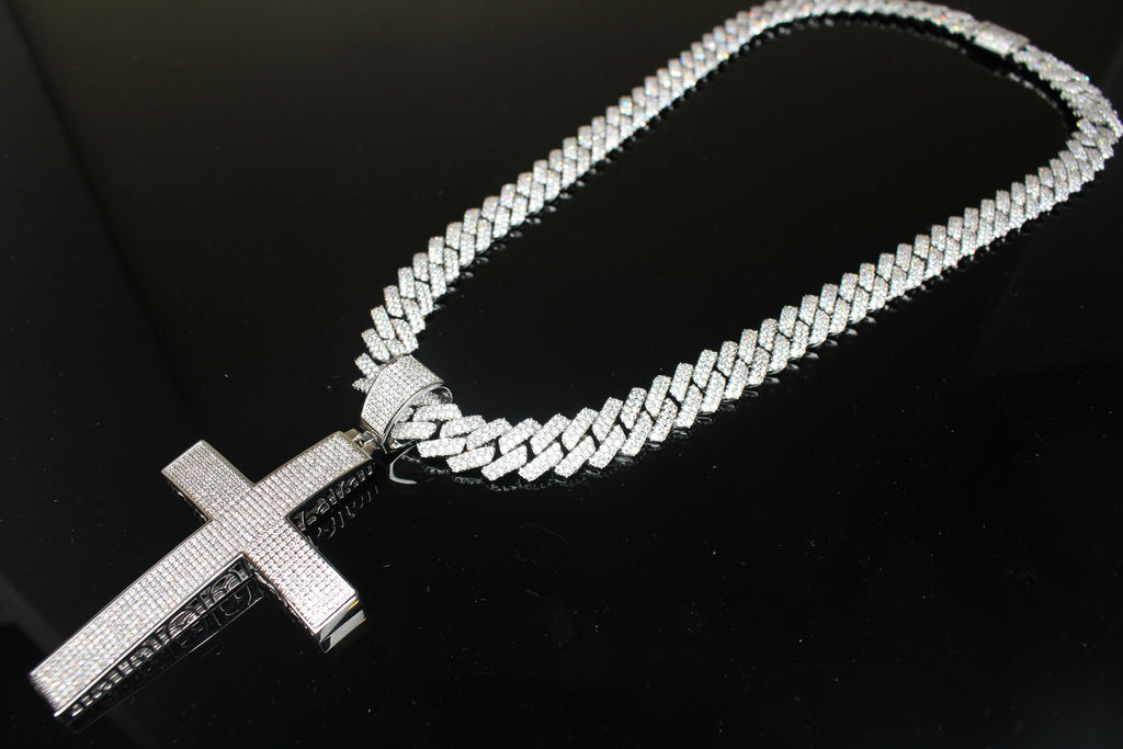 XL Cross Pendant 88.6ct Lab Sim VVS1 Diamond 14mm Cuban Prong Necklace