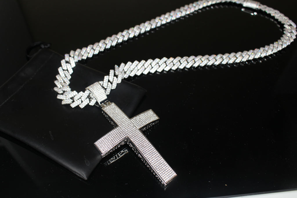 XL Cross Pendant 88.6ct Lab Sim VVS1 Diamond 14mm Cuban Prong Necklace