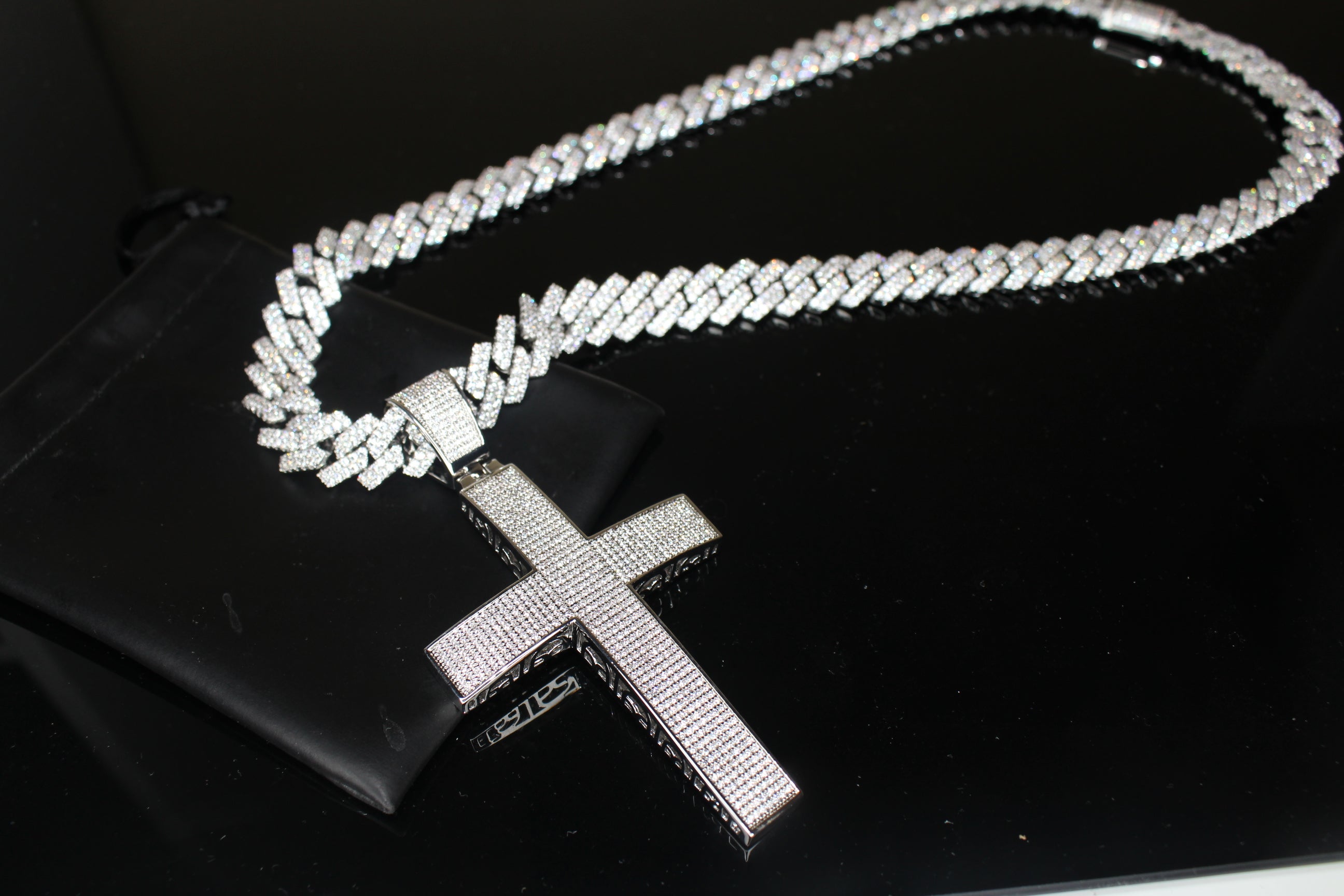 XL Cross Pendant 88.6ct Lab Sim VVS1 Diamond 14mm Cuban Prong Necklace