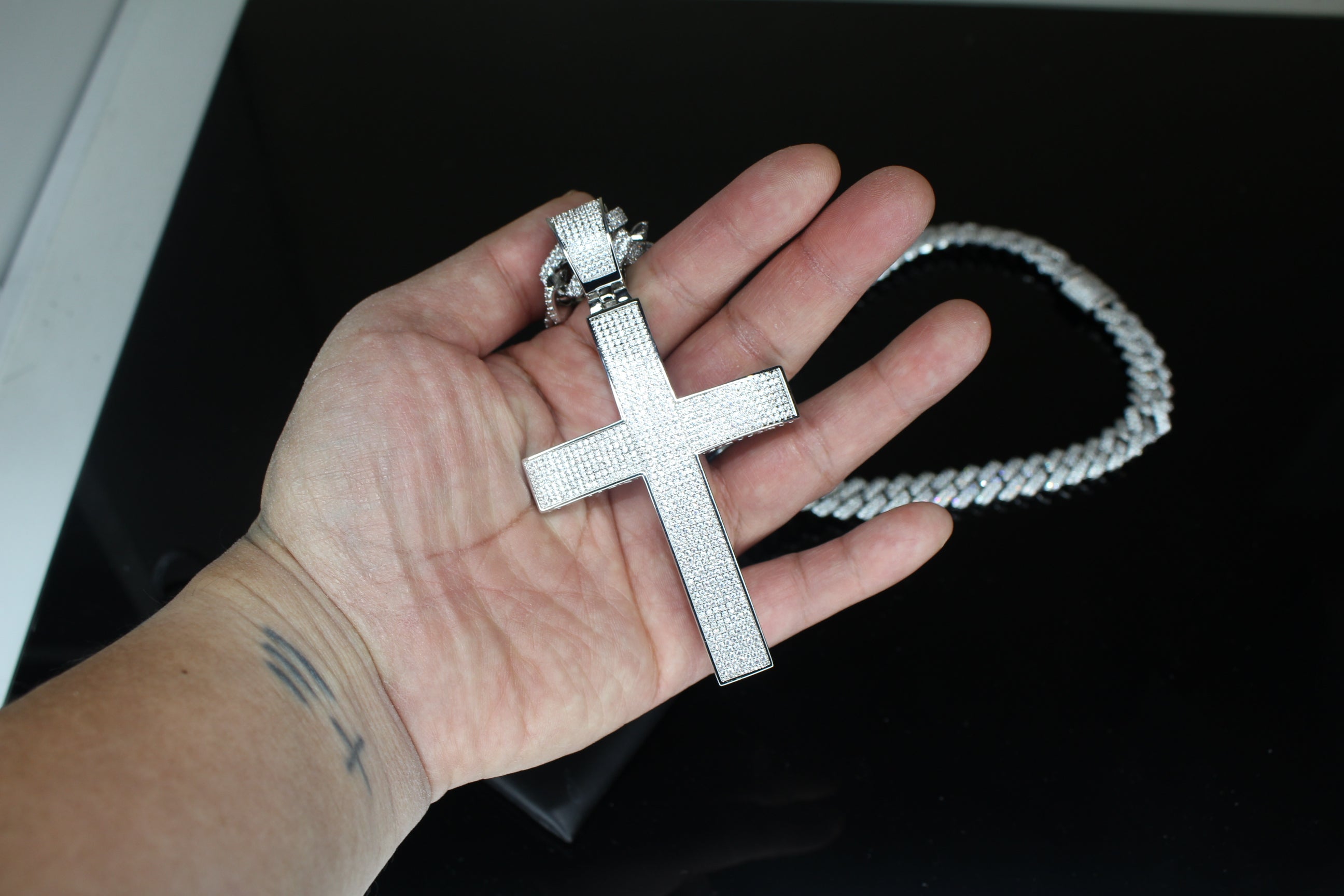 XL Cross Pendant 88.6ct Lab Sim VVS1 Diamond 14mm Cuban Prong Necklace