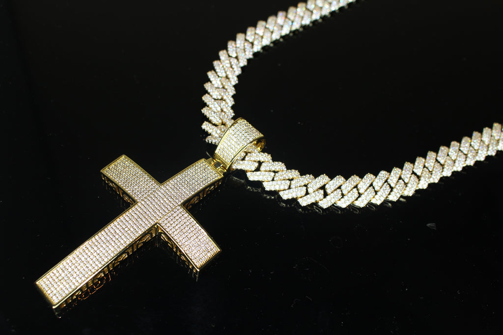 XL Cross Pendant 88.6ct Lab Sim VVS1 Diamond 14mm Cuban Prong Necklace- GOLD