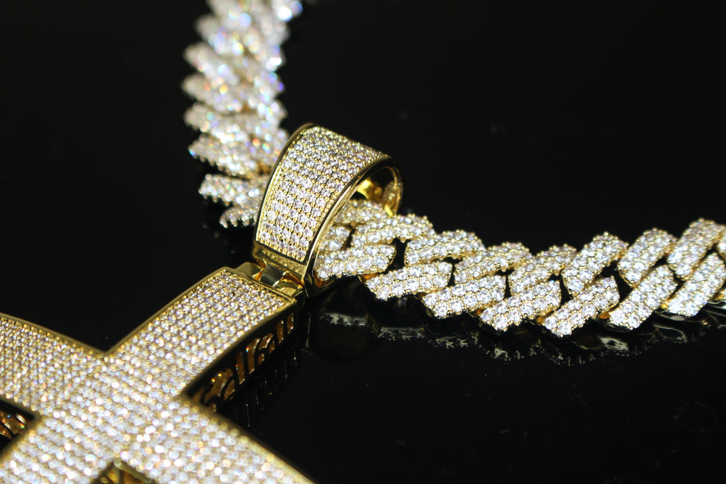 XL Cross Pendant 88.6ct Lab Sim VVS1 Diamond 14mm Cuban Prong Necklace- GOLD