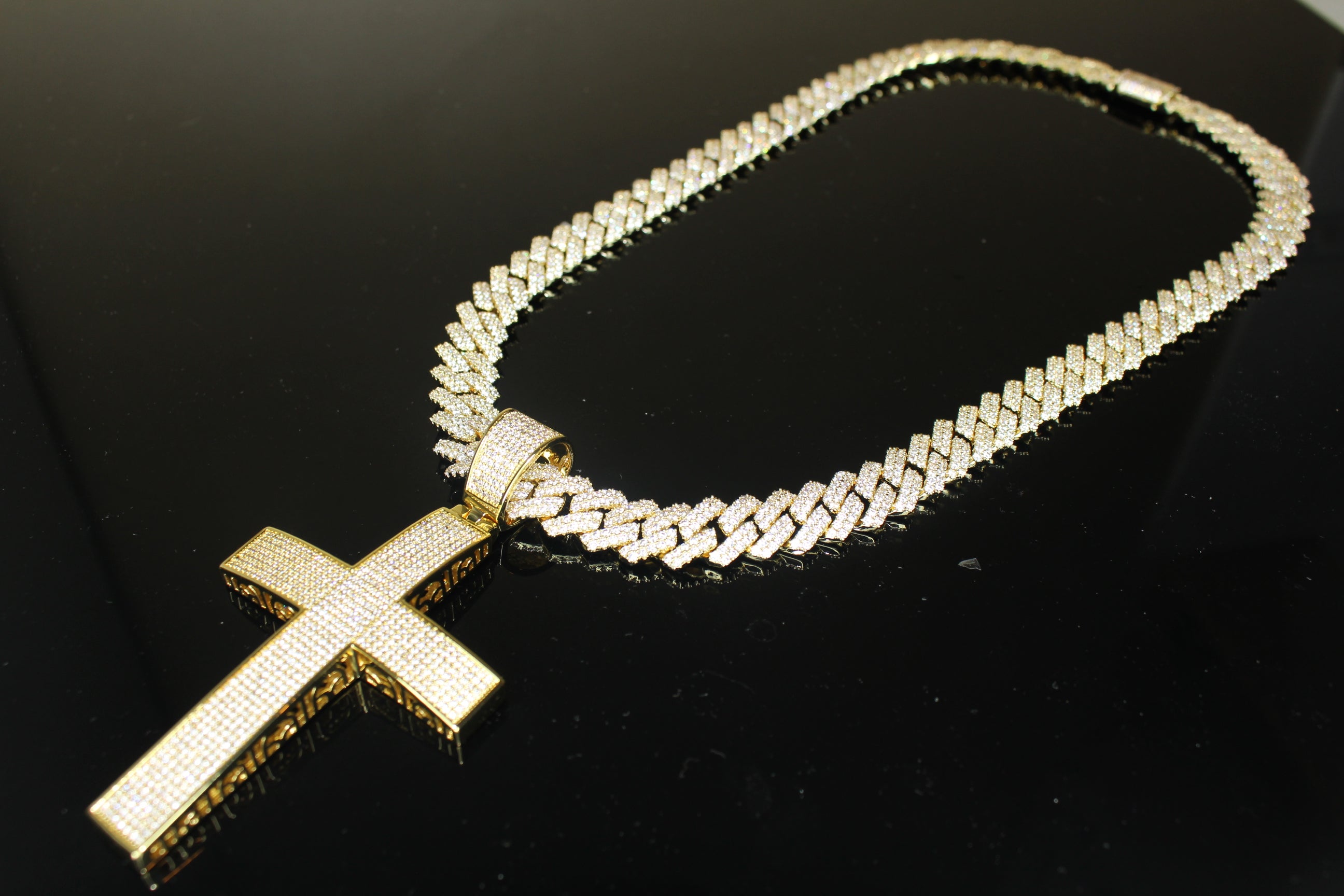 XL Cross Pendant 88.6ct Lab Sim VVS1 Diamond 14mm Cuban Prong Necklace- GOLD