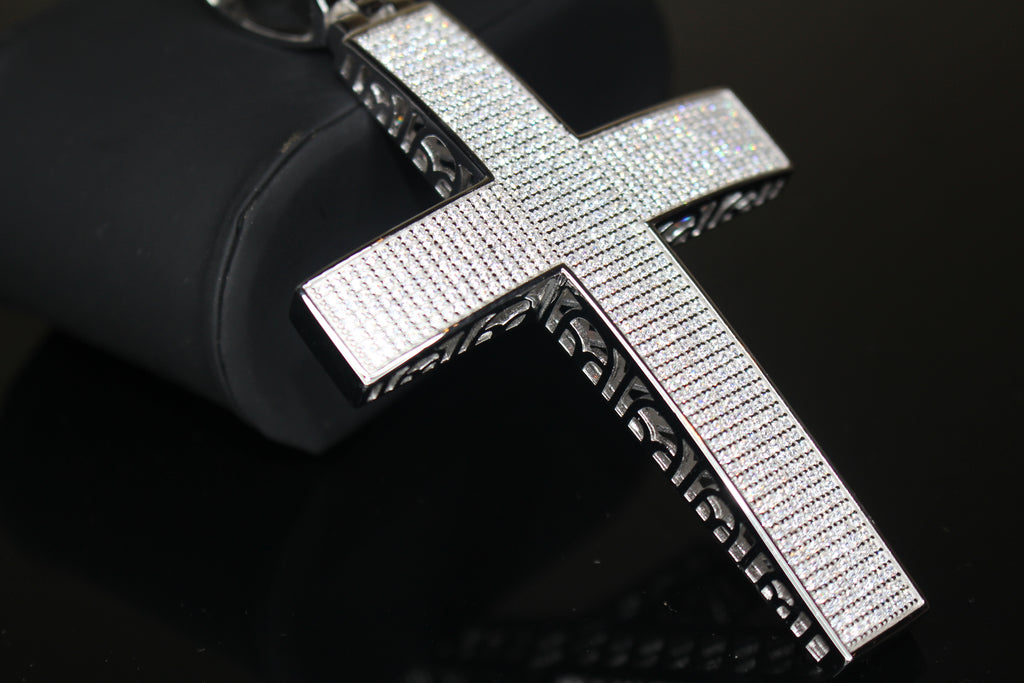 XL CROSS MASSIVE Pendant 12.6ct Lab Sim VVS1 Diamonds - 925 STERLING SILVER