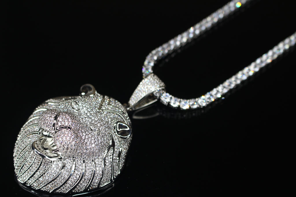 XL Lion Head Pendant 4mm Tennis 78.6ct Lab Sim VVS1 Diamond Necklace