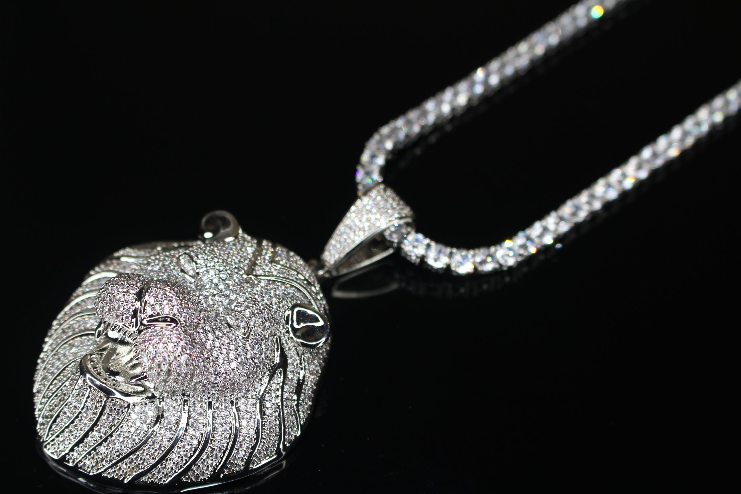XL Lion Head Pendant 4mm Tennis 78.6ct Lab Sim VVS1 Diamond Necklace