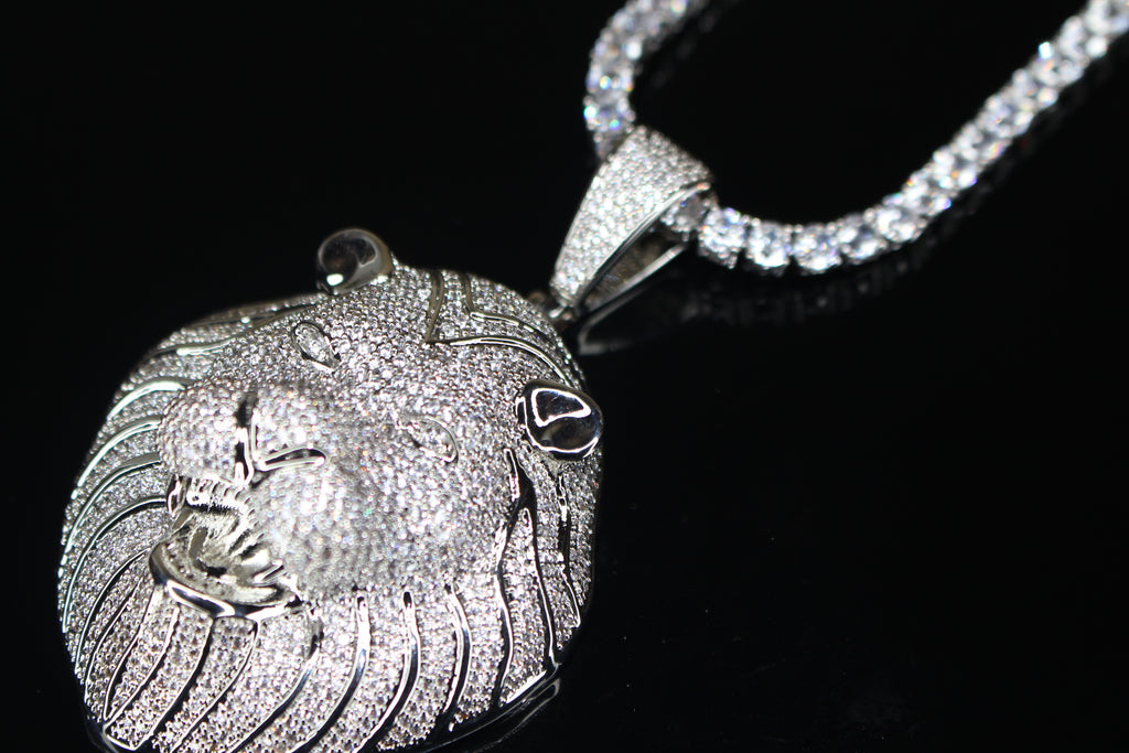 XL Lion Head Pendant 4mm Tennis 78.6ct Lab Sim VVS1 Diamond Necklace