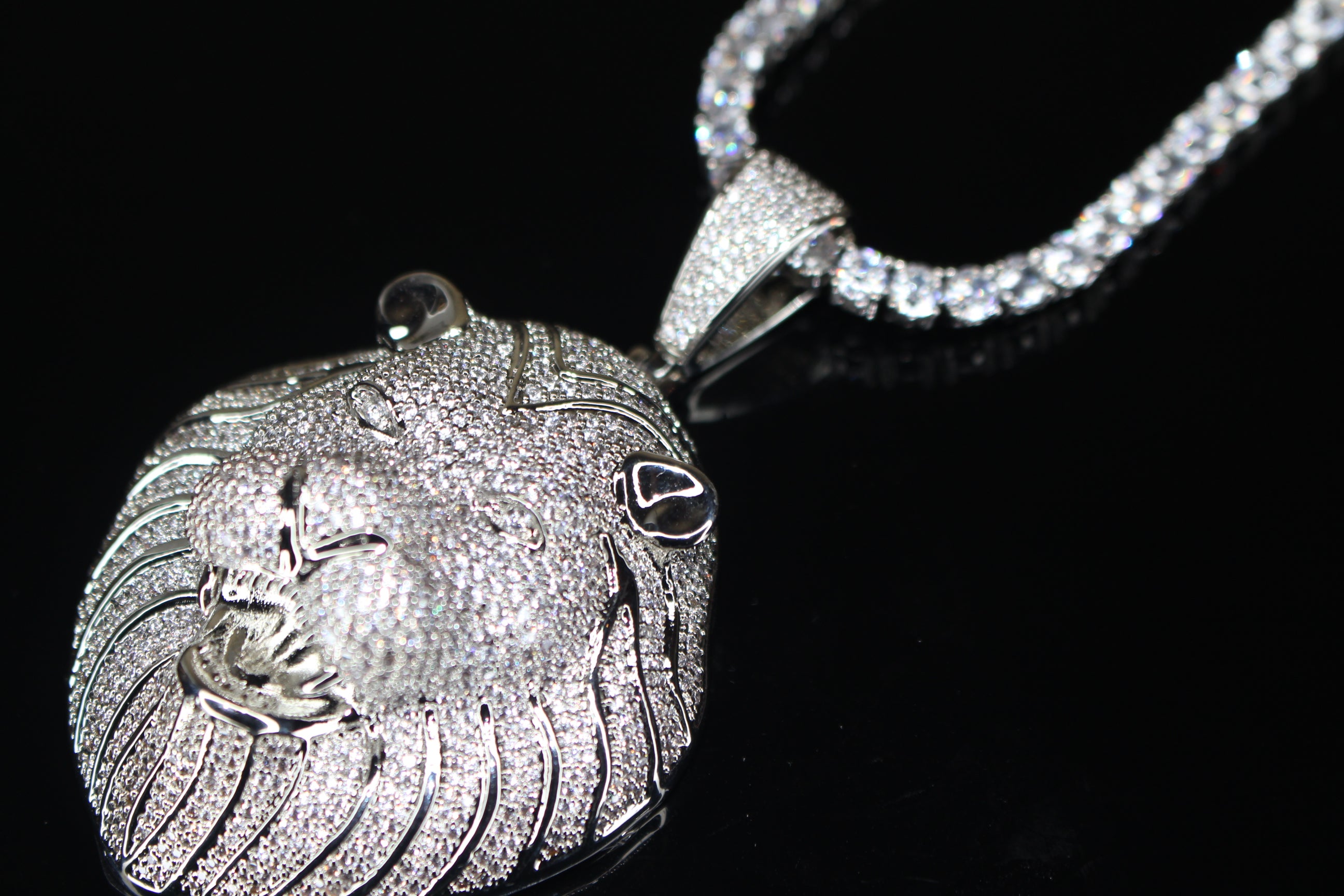 XL Lion Head Pendant 4mm Tennis 78.6ct Lab Sim VVS1 Diamond Necklace