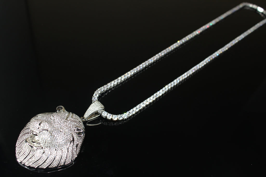 XL Lion Head Pendant 4mm Tennis 78.6ct Lab Sim VVS1 Diamond Necklace