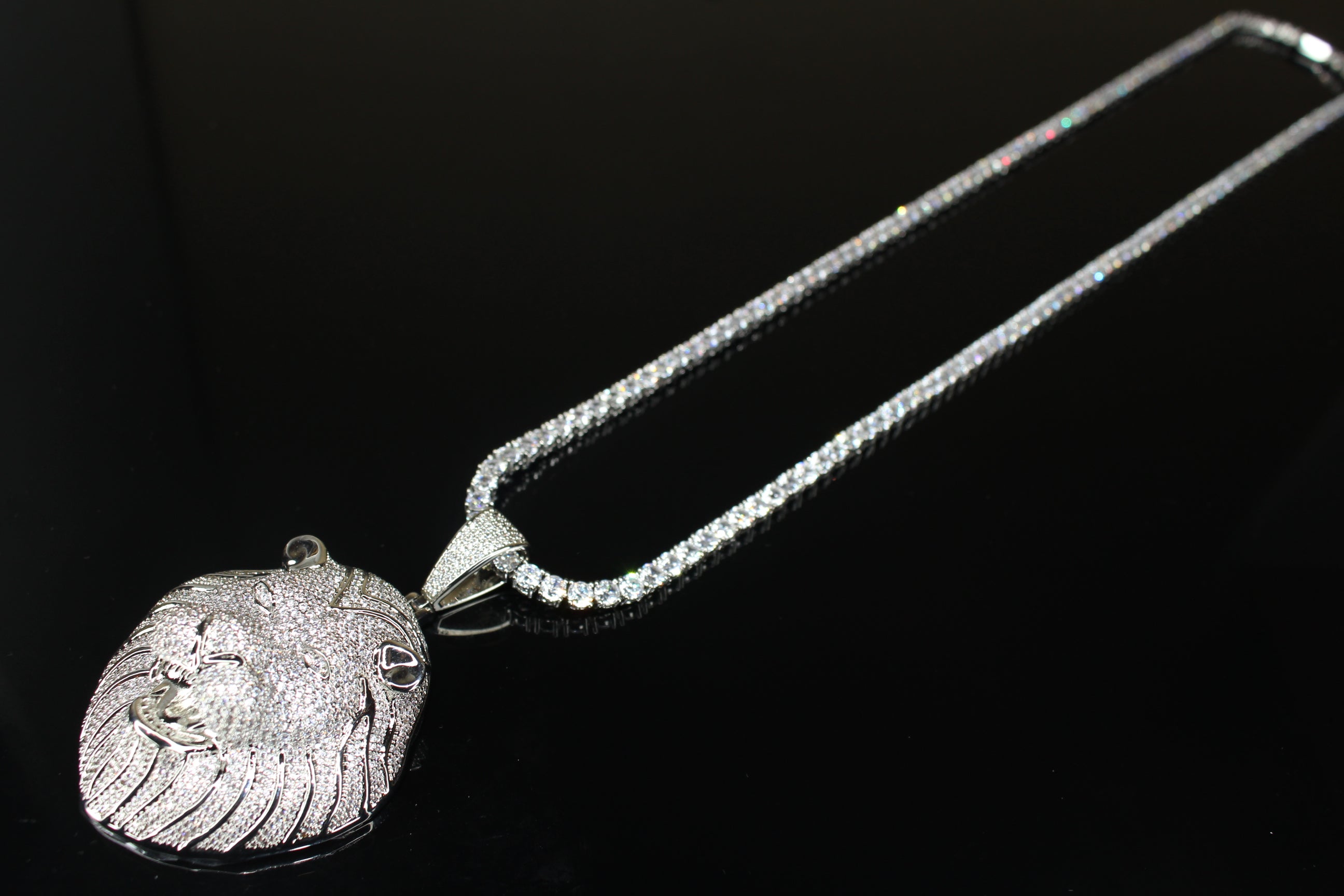 XL Lion Head Pendant 4mm Tennis 78.6ct Lab Sim VVS1 Diamond Necklace