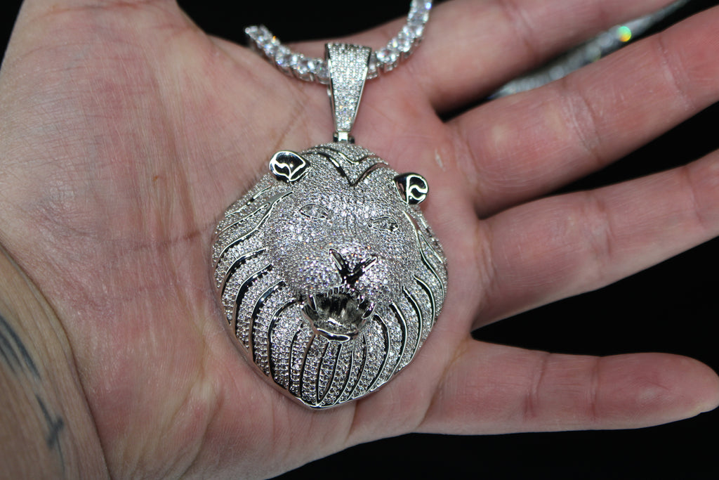 XL Lion Head Pendant 4mm Tennis 78.6ct Lab Sim VVS1 Diamond Necklace