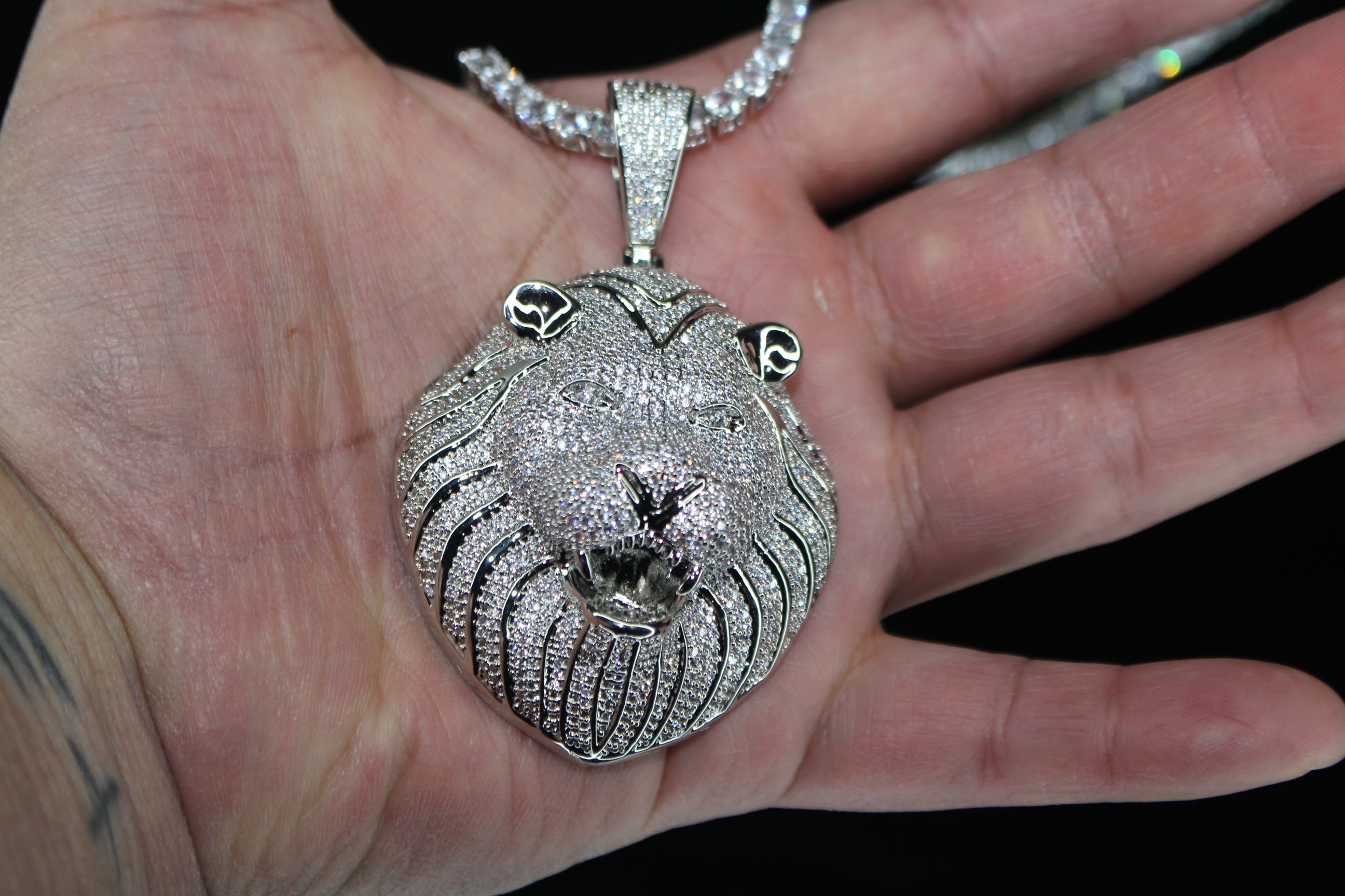 XL Lion Head Pendant 4mm Tennis 78.6ct Lab Sim VVS1 Diamond Necklace