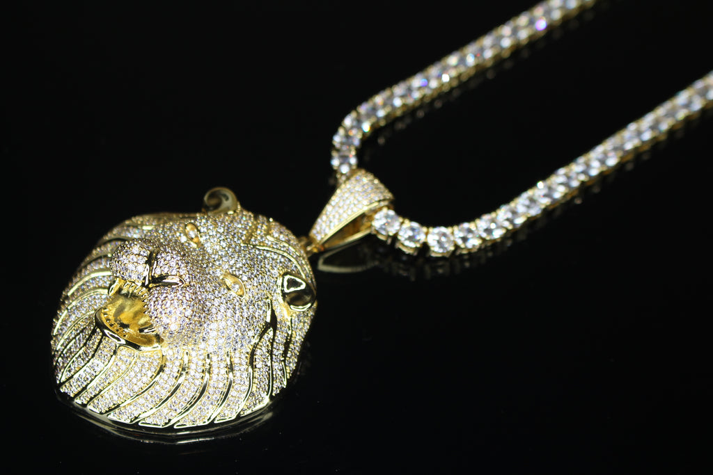 XL Lion Head Pendant 5mm Tennis 112.6ct Lab Sim VVS1 Diamond Necklace GOLD