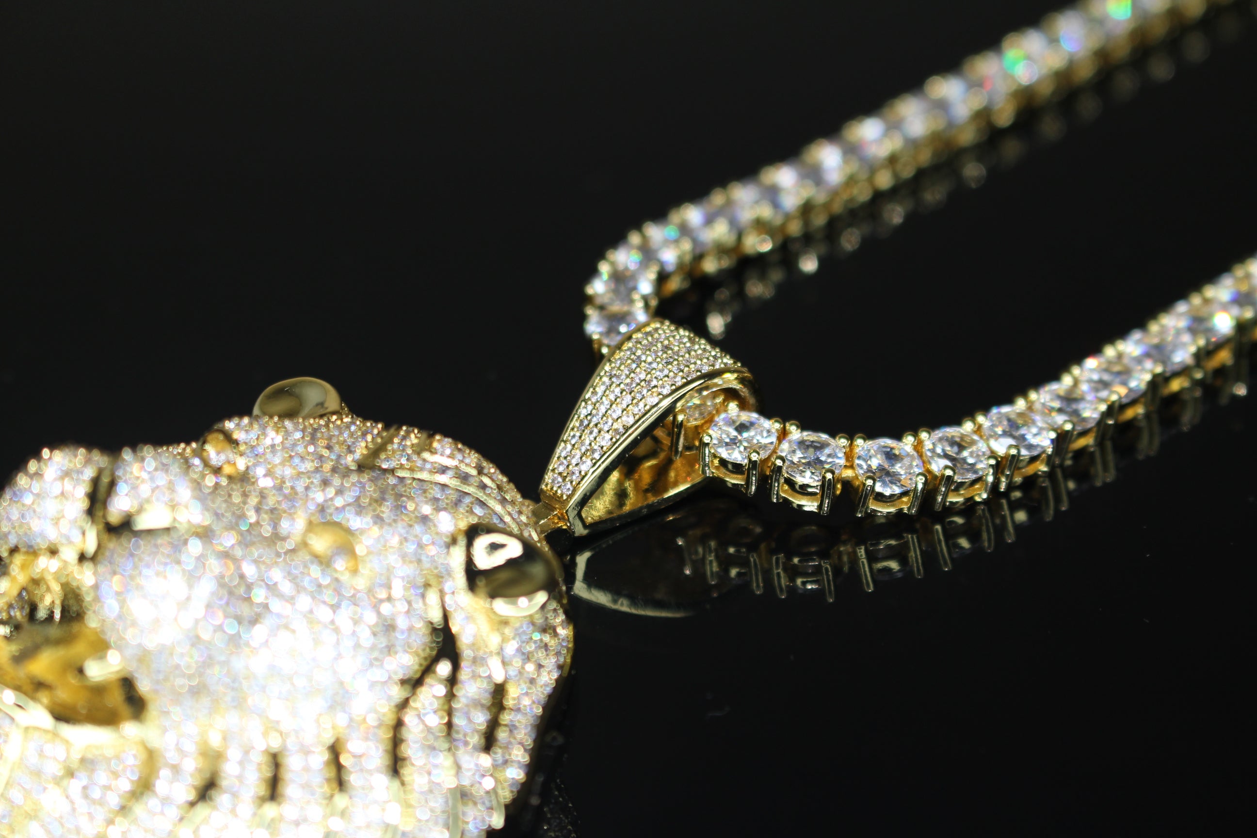 XL Lion Head Pendant 5mm Tennis 112.6ct Lab Sim VVS1 Diamond Necklace GOLD