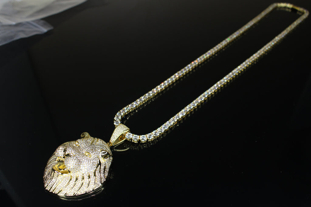 XL Lion Head Pendant 5mm Tennis 112.6ct Lab Sim VVS1 Diamond Necklace GOLD
