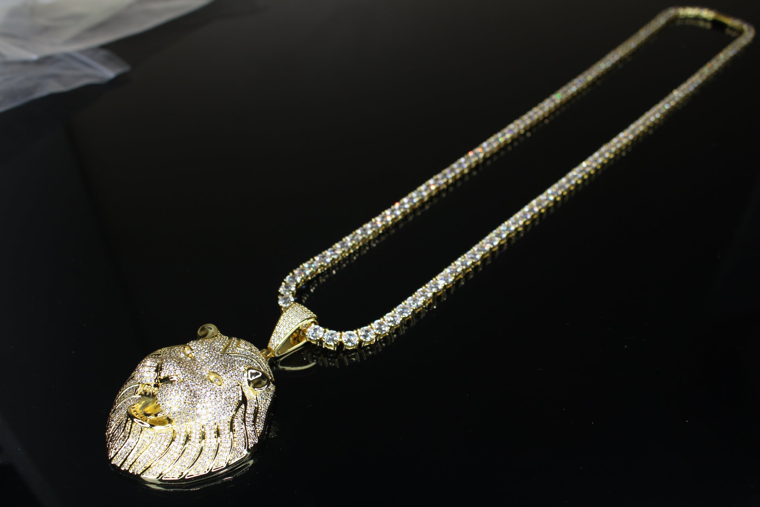 XL Lion Head Pendant 5mm Tennis 112.6ct Lab Sim VVS1 Diamond Necklace GOLD