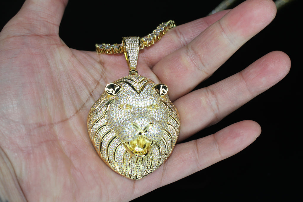 XL Lion Head Pendant 5mm Tennis 112.6ct Lab Sim VVS1 Diamond Necklace GOLD