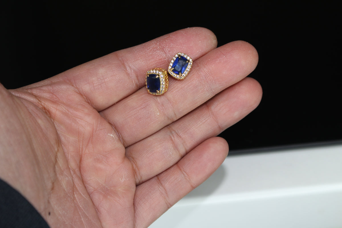 Blue Ruby Sapphire 4ct Lab Sim VVS1 Diamonds Earrings set Gemstone- Gold