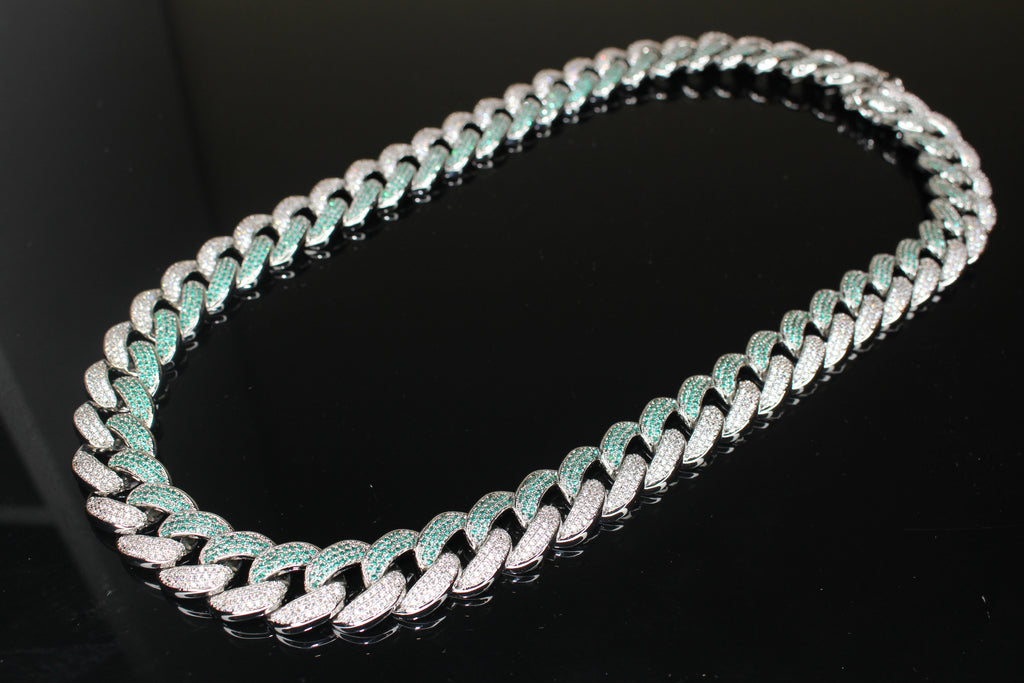 16mm 2-Tone GREEN Cuban Miami Necklace 68.6ct Lab Sim Diamond