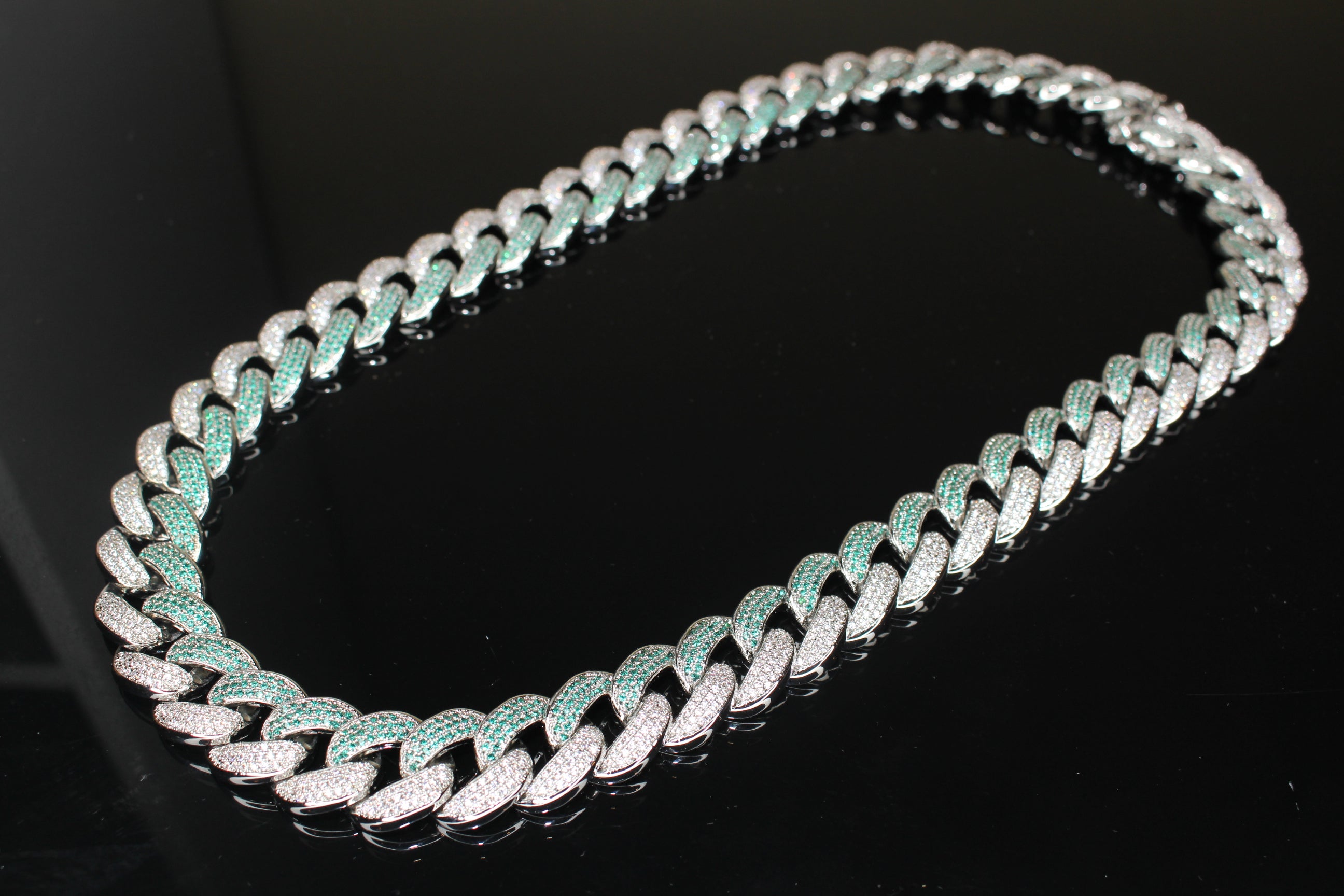 16mm 2-Tone GREEN Cuban Miami Necklace 68.6ct Lab Sim Diamond