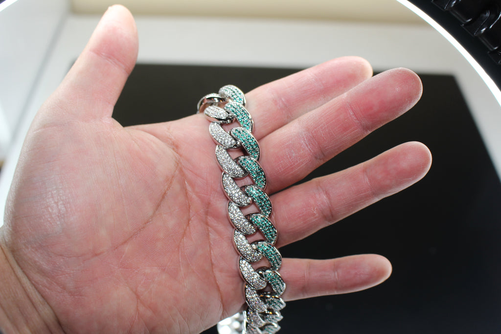 16mm 2-Tone GREEN Cuban Miami Necklace 68.6ct Lab Sim Diamond
