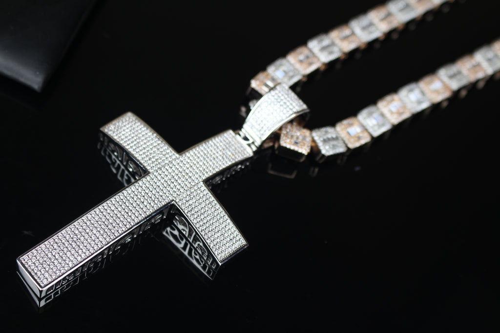 XL Cross Pendant 10mm Baguette Square Cushion-Cut Tennis Chain 144.6ct Lab Sim VVS1 Diamond Necklace - Rose/Silver